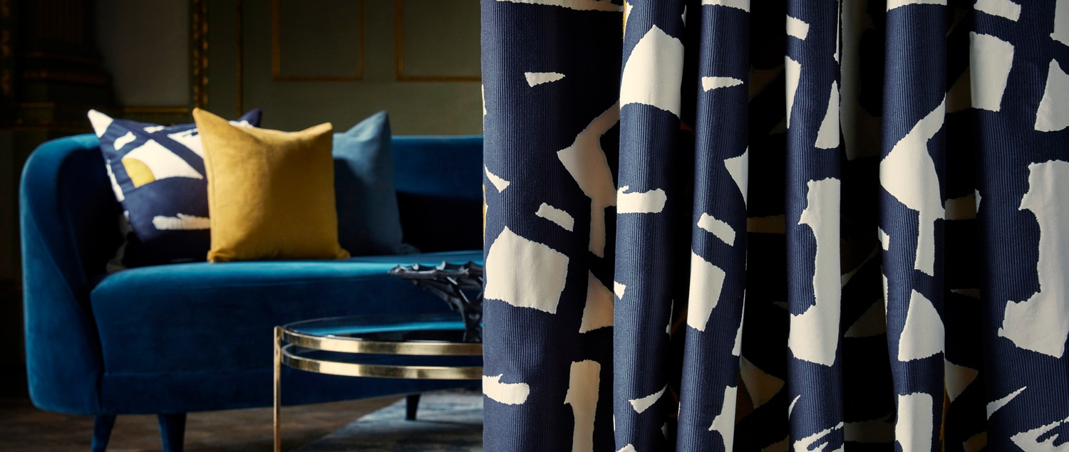 Zoffany Icons Blue and Yellow Fabric on Curtain and Cushion